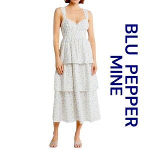 BLU PEPPER MINE White Floral Tiered Tie Strap Midi Sundress, Size M.